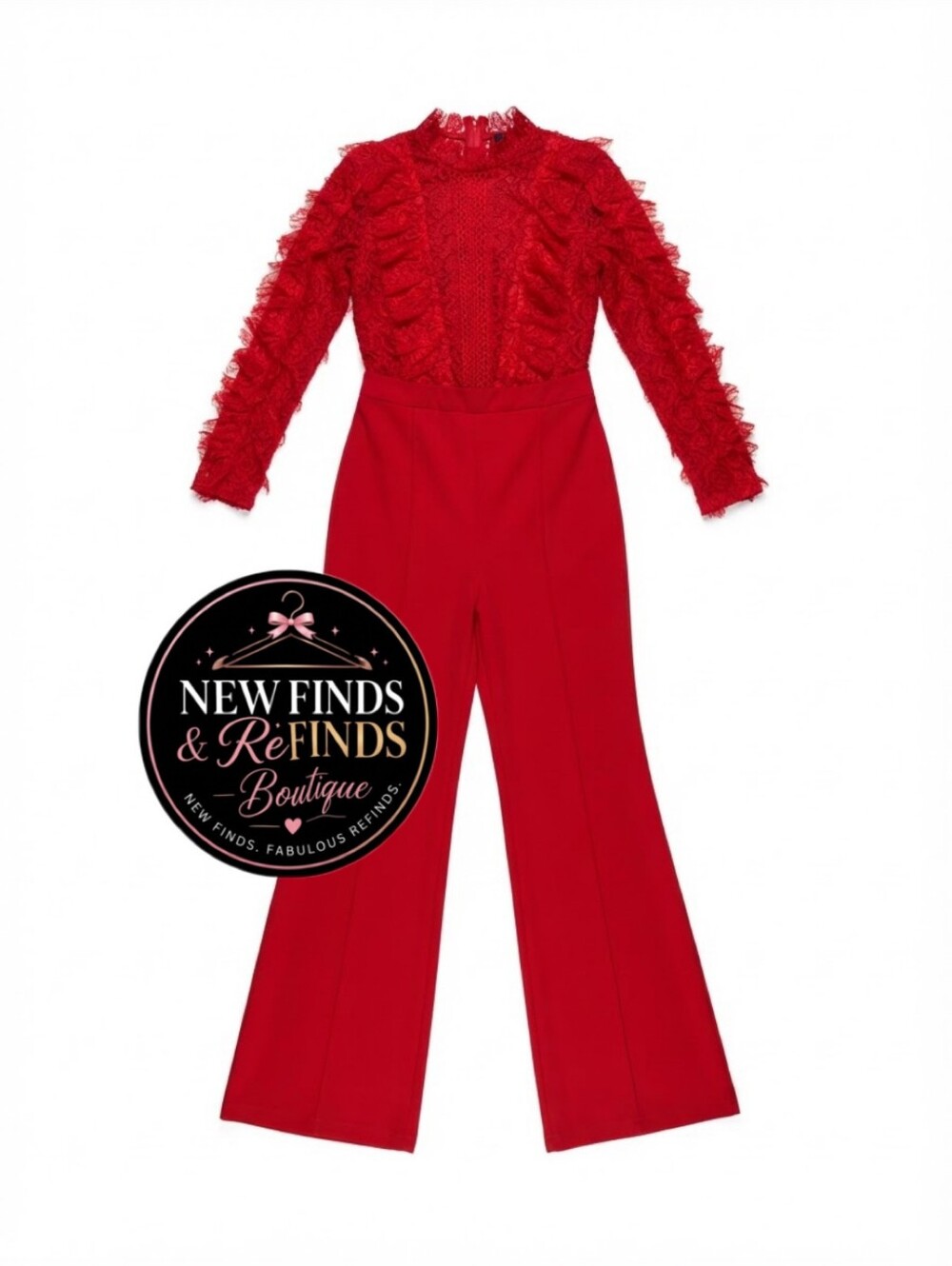 Red Lace Ruffle Long-Sleeve Jumpsuit